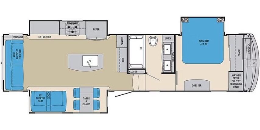 Floor plan of Columbus Series fifth wheel unit showing king bed, kitchen, lounge and bathroom