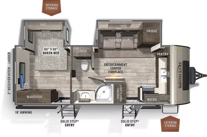 Floor plan of Rapid Rehouse travel trailer unit showing queen bed, theatre seating, kitchen and bathroom
